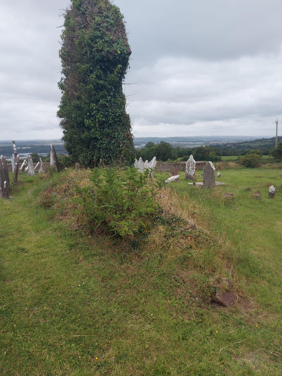 Raised, vegetated mound at the base of the ruined Templecurraheen church wall, set apart from the marked graves around it.